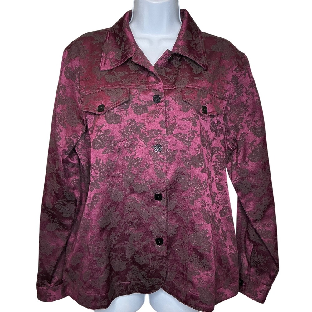 Susan Graver Womens Burgundy Floral Jacquard Jacket Sz L Tapestry Old Money‎